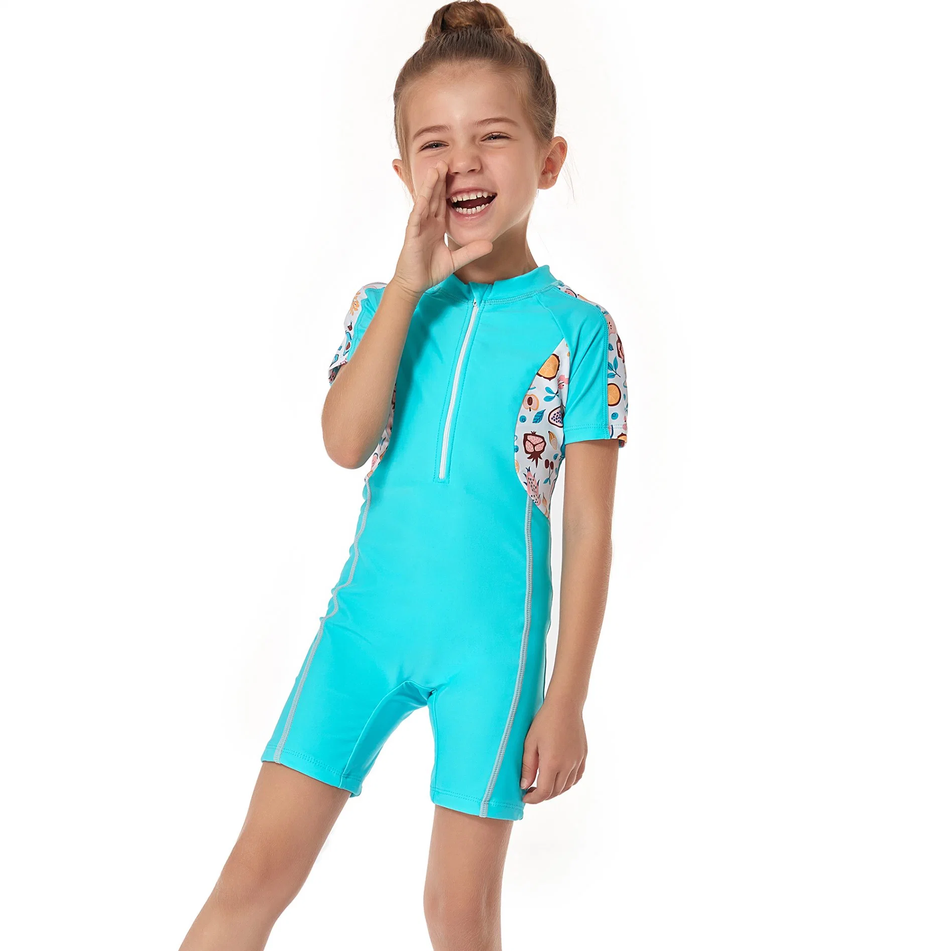 2023 New Girls' Swimwear Zipper Short-Sleeved One-Piece Swimsuit Three Needles Five Lines Children's Pants Beachwear