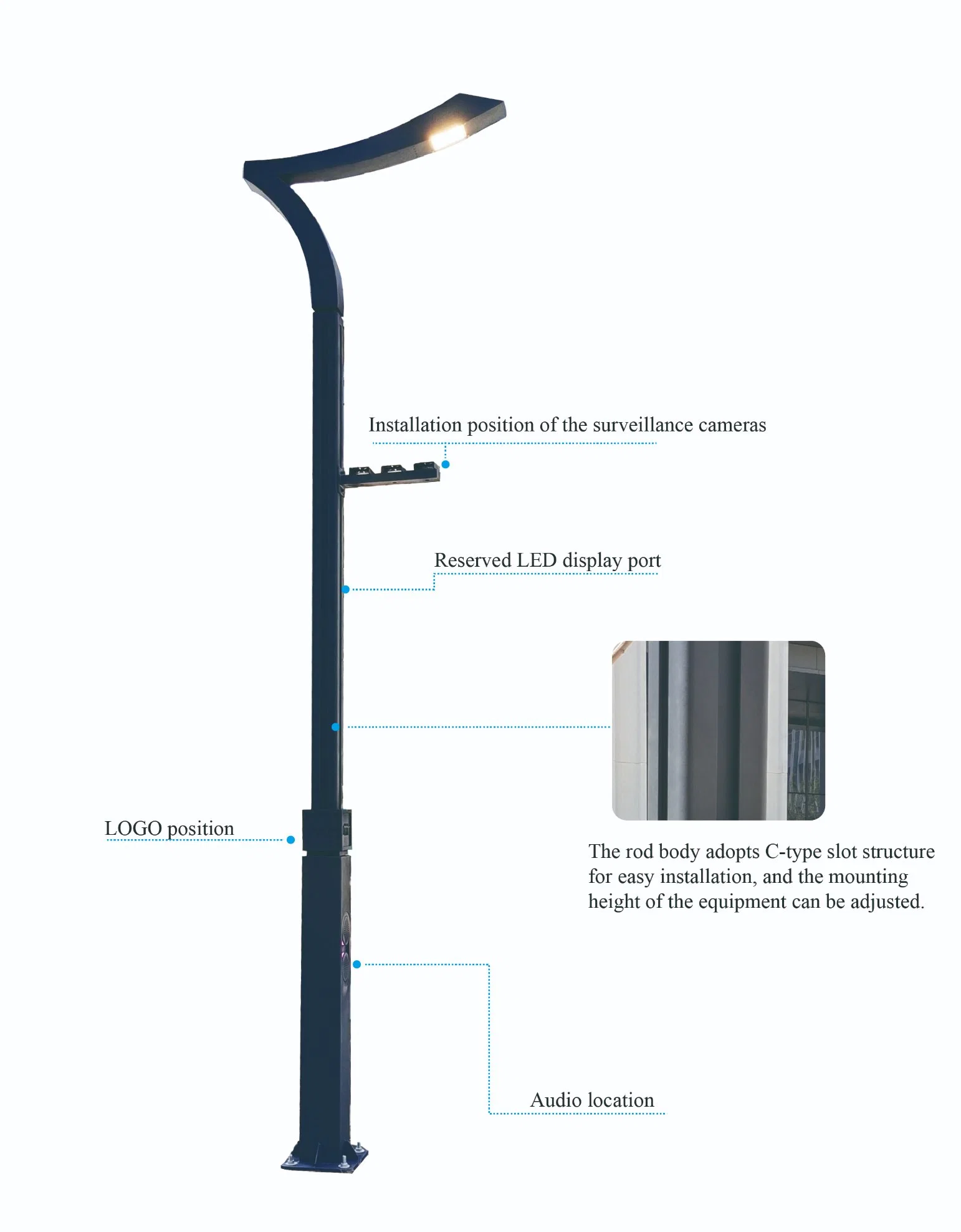 40W Multifunktions: CCTV-Kamera, LED-Display, Rundfunk, Ladestapel, Smart LED-Garten Lichtmast