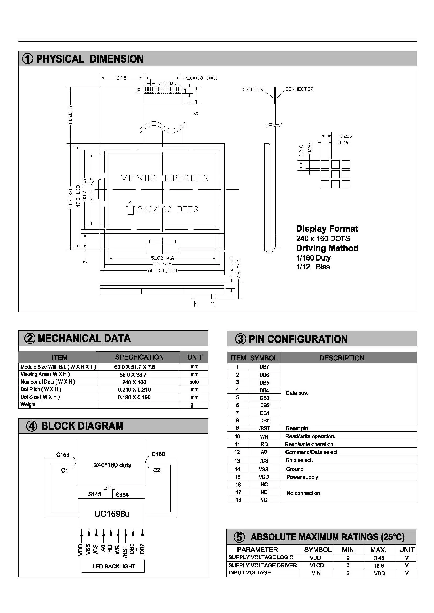 240X160 Monochrome Graphic LCD Display Cog+FPC Connector LCD Module