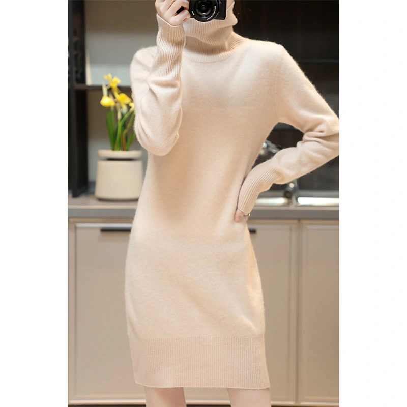 Elegant Cashmere Sweater Female Casual Long-Sleeve Womens 100% Merino Wool Autumn Winter Turtleneck Knitted Dress