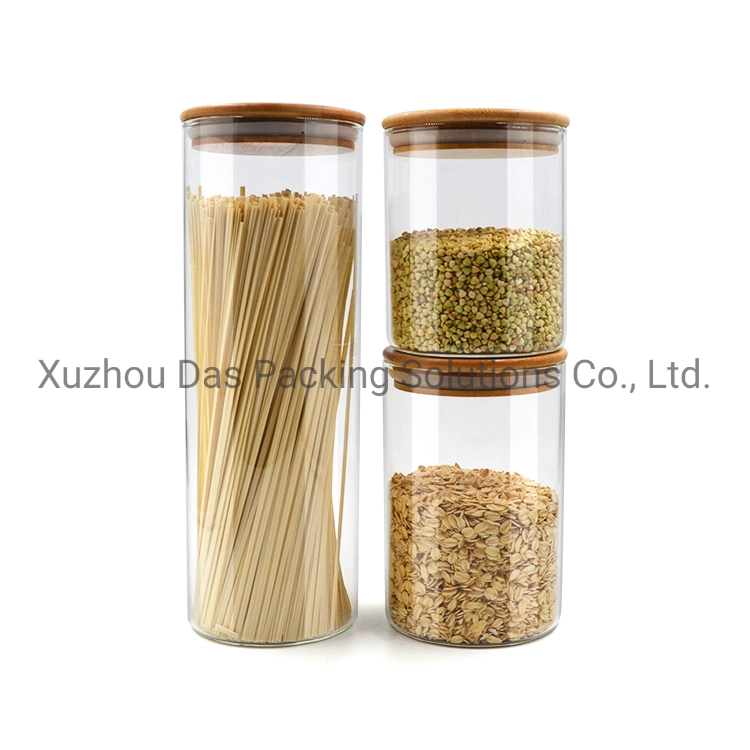 All Sizes Wooden Lid Straight Sided Round Borosilicate Glass Food Storage Spice Jar for Sugar Cookies Candy Spaghetti