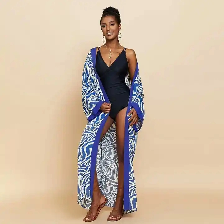 Casual personalizado às riscas Zebra Jantes Kimono longo banho encobrimento vestuário de Verão túnica mulheres desgaste de praia