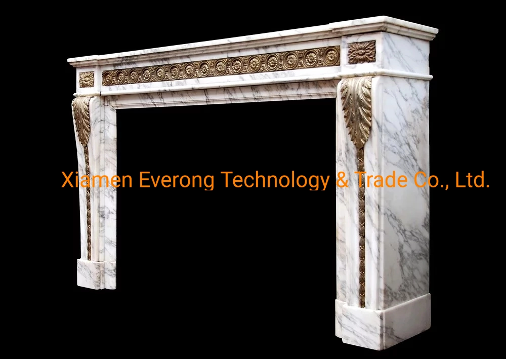 High-End White Marble Fireplace Mantel with Bronzer Flower Sculpture