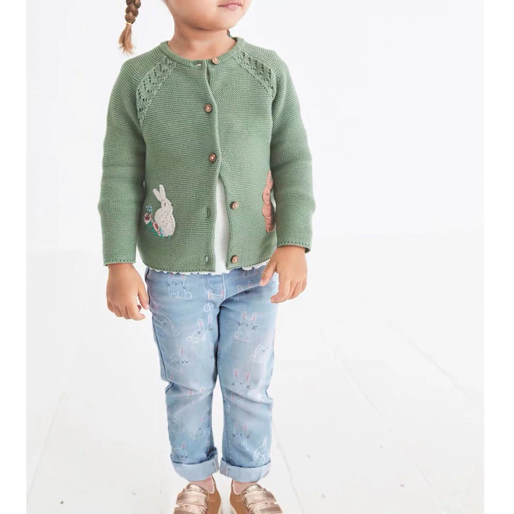 100%Organic Cotton Raglan Children&prime; S Cardigan Rabbit Handmade Sweater