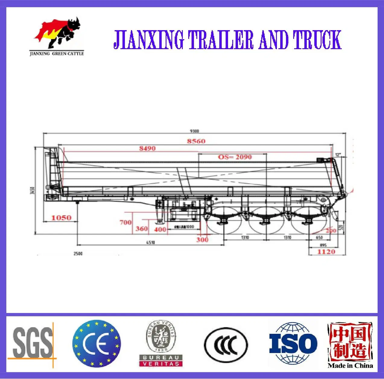 Producción en fábrica 60t 12wheels 3axles Transporte Alimentos 9800mm Semiento de la astilladora Remolque