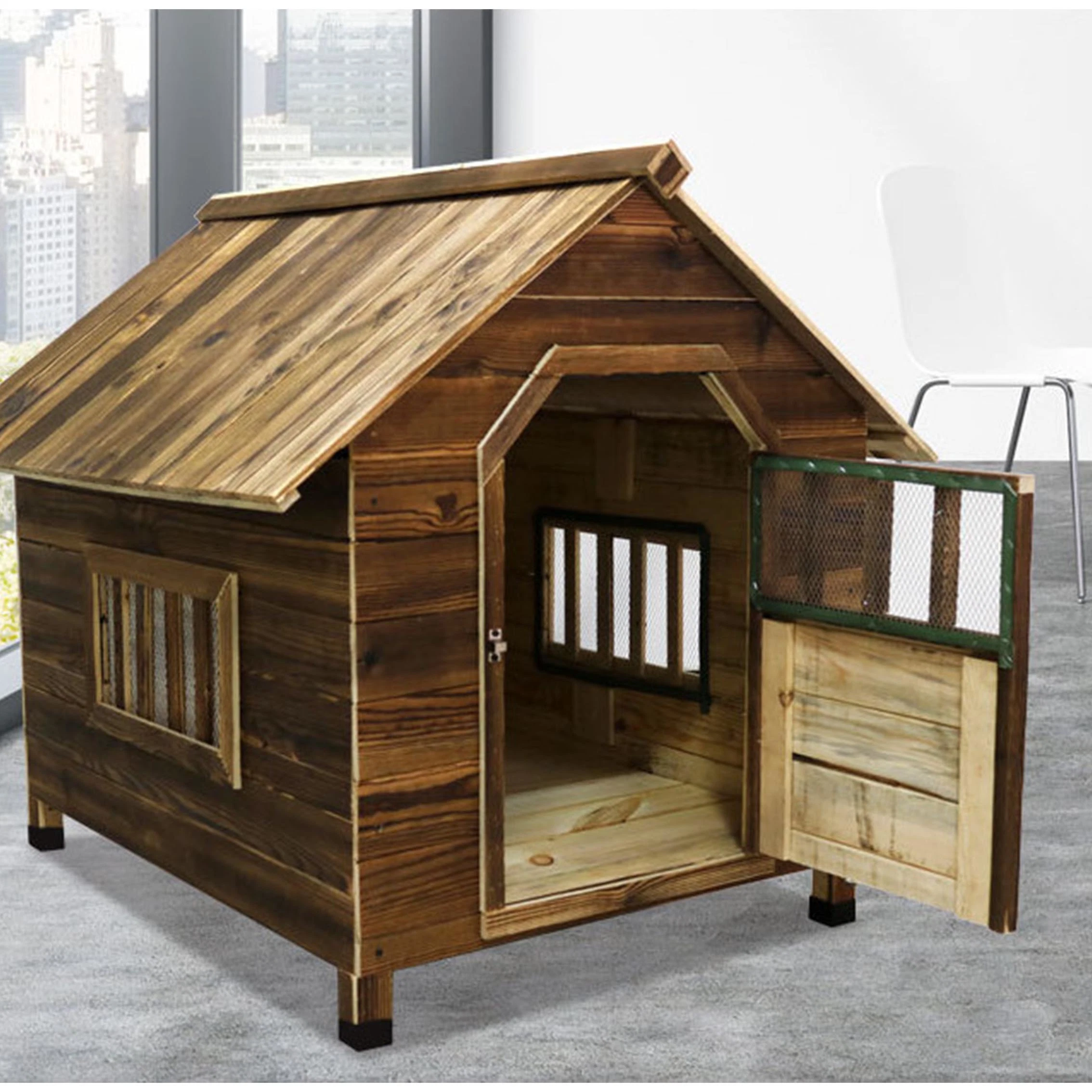 Solid Wood Warm Outdoor Indoor Carbonized Anticorrosive Rainproof Solid Wood Dog Cage Kennel Dog House Pet Villa Furniture Amaw-0127