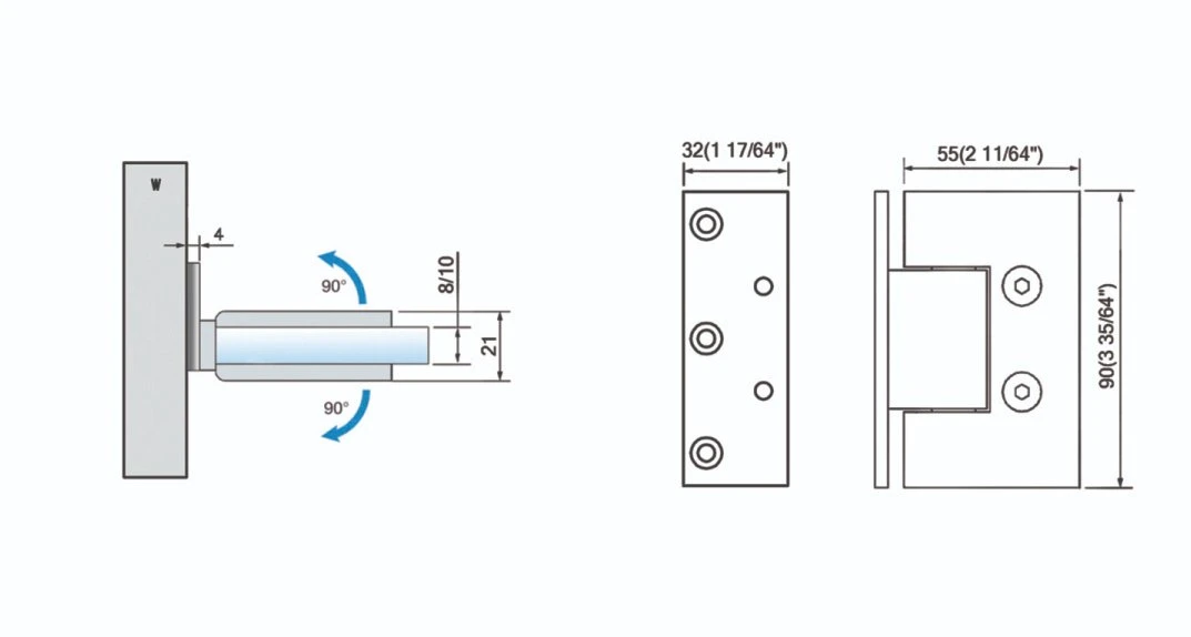 Loire PVD Gold Standard Duty Square Wall to Glass Wall Mount Offset Back Plate Shower Hinge Brass Stainless Steel for Glass Shower Door