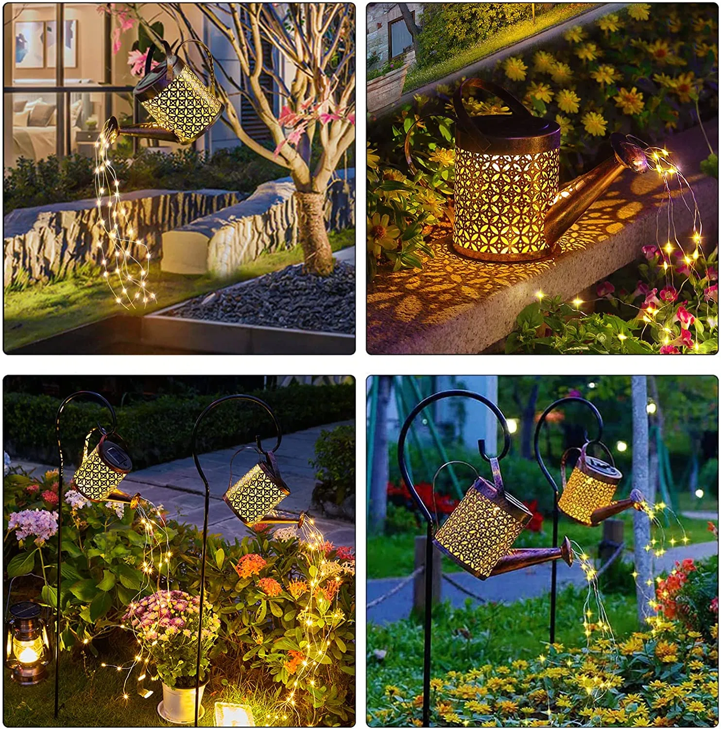 Outdoor Waterproof Solar LED Light Metal Hallow out Watering Can Garden Stake Decoration