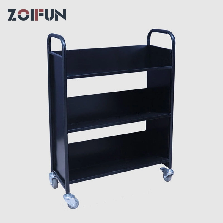 Simple Design Black Metal Frmae Library Book Trolley Furniture Bookcase with 3 Layers