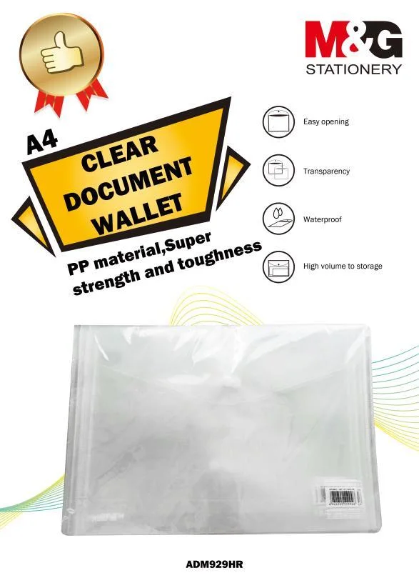 M&G Wholesale Stock Clear Plastic Document Storage Bag A4 0.16mm PP Button File Bag