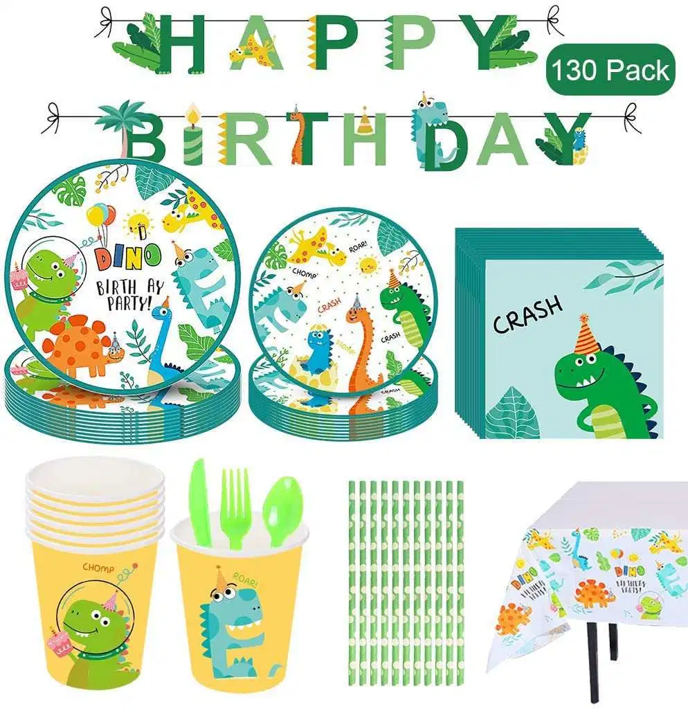 Children's Birthday Green Dinosaur Theme 16guest Paper Plate Paper Cup Tablecloth Disposable Tableware Set