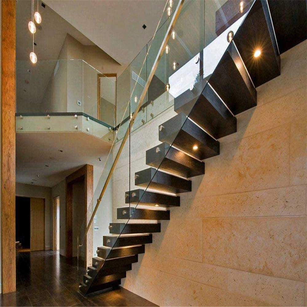 Customize Factory Steel Stringer Timber Steps Glass Railing Floating Staircase