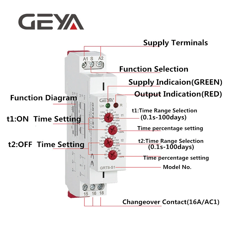 Geya Grt8-S Relé de tempo de ciclo assimétrico 1SPD 2SPD 16A 2 Relé de controlo de tempo dos modos