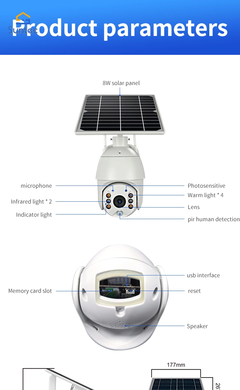 WiFi/4G Outdoor 2MP Solar 8W Powered PTZ Caméra de vidéosurveillance IP WiFi de la sécurité d'attente longue