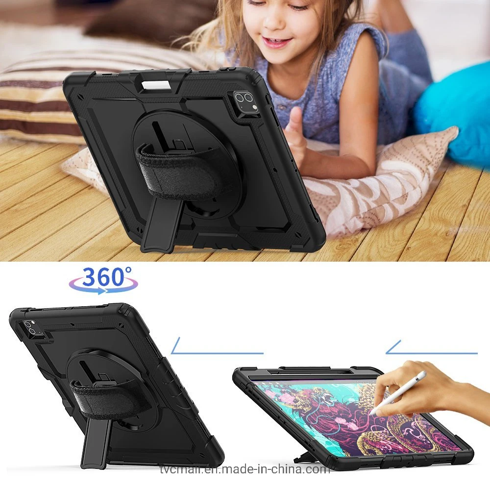 Para el iPad PRO 12.9 pulgadas (2021) / (2020) / (2018) Giro de 360° Kickstand + PC Tablet de silicona caso Correa de mano cubierta protectora con bandolera - Negro