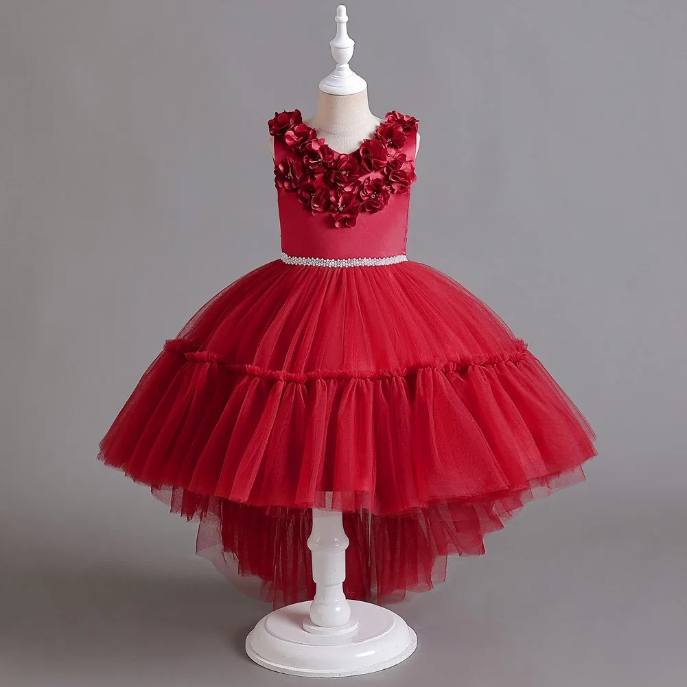 Vestidos de estilo europeu com flor Tuxedo para meninas de 3 a 12 anos velho vermelho bonito menina vestido de casamento elegante beading Vestido de festa para rapariga