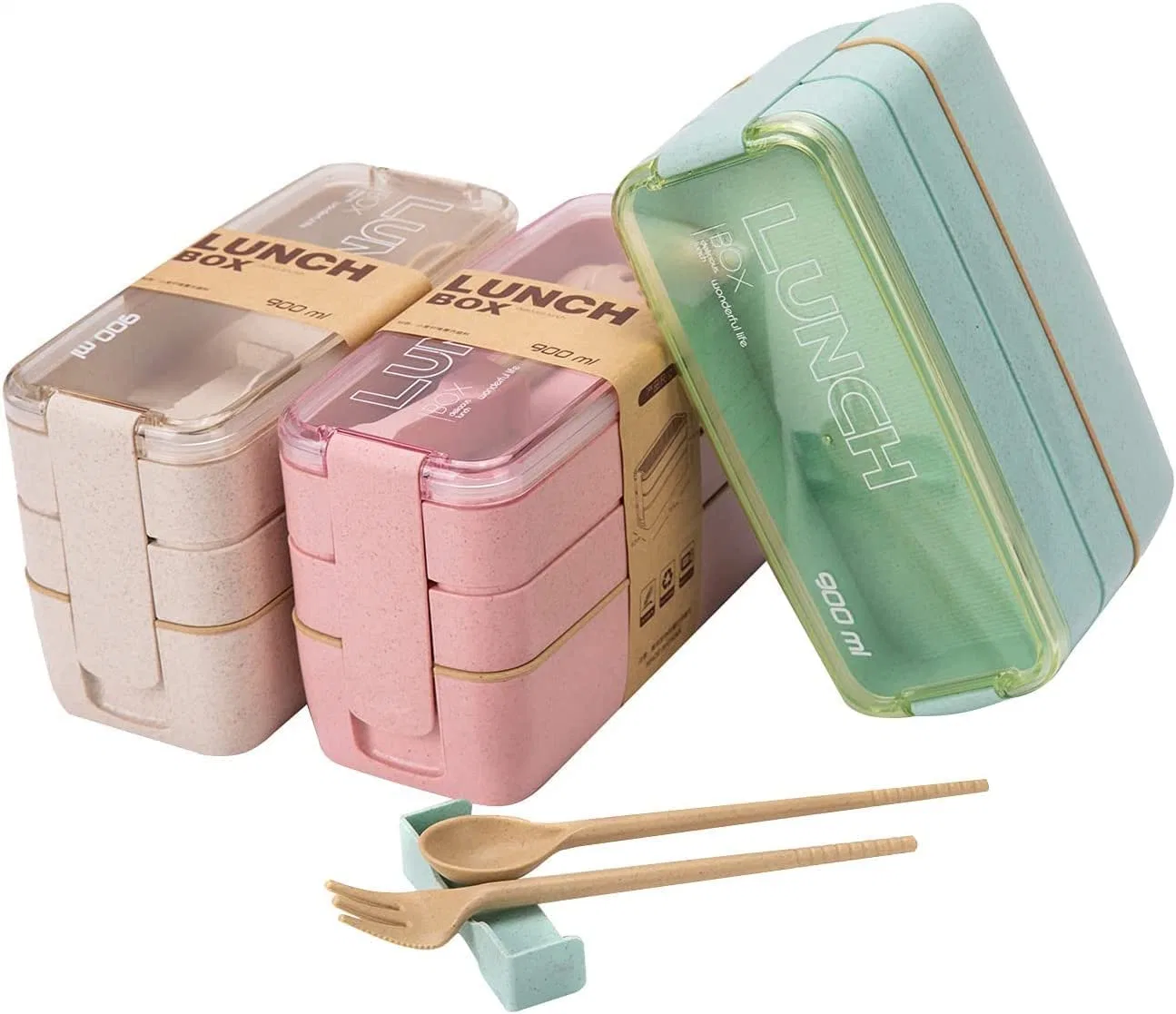 Stackable Bento Box Japanese Lunch Box Kit with Spoon & Fork, 3-in-1 Compartment Wheat Straw Meal Prep Containers for Bento Lunch Box for Adults