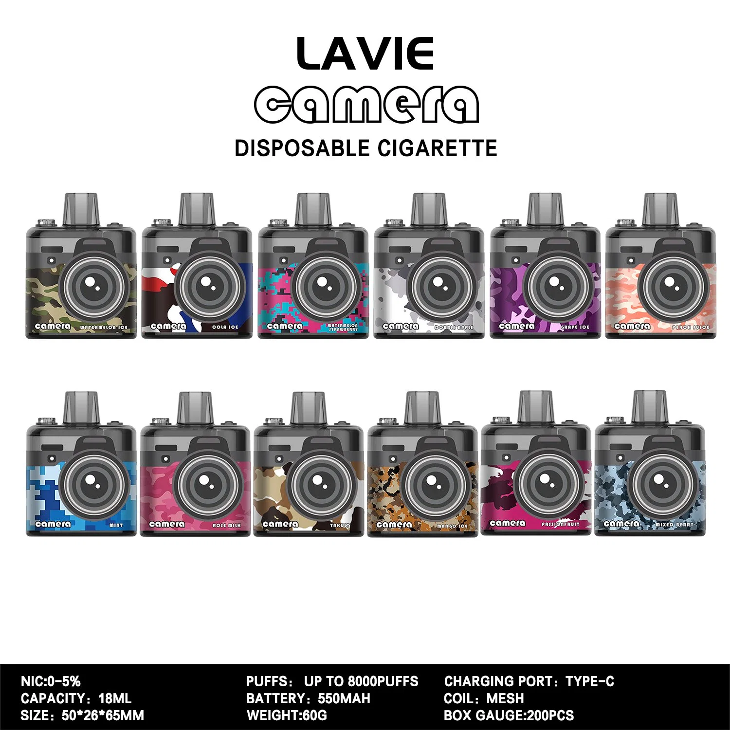 8000 Puff Disposable/Chargeable Vape Factory Lavie Camera E-Cig 8K Puffs فابي