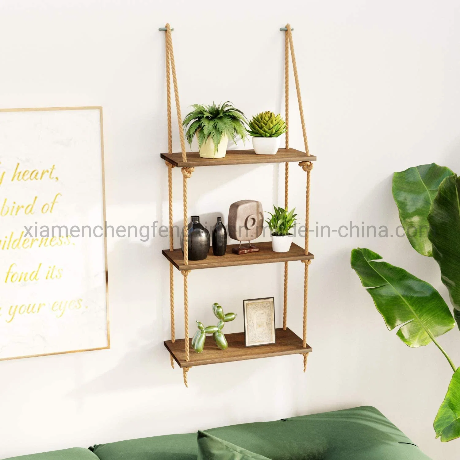 Hanging Wall Shelves, Swing Rope Floating Shelf, 3 Tier Bamboo Hanging Storage Shelves for Living Room/Bedroom/Bathroom and Kitchen