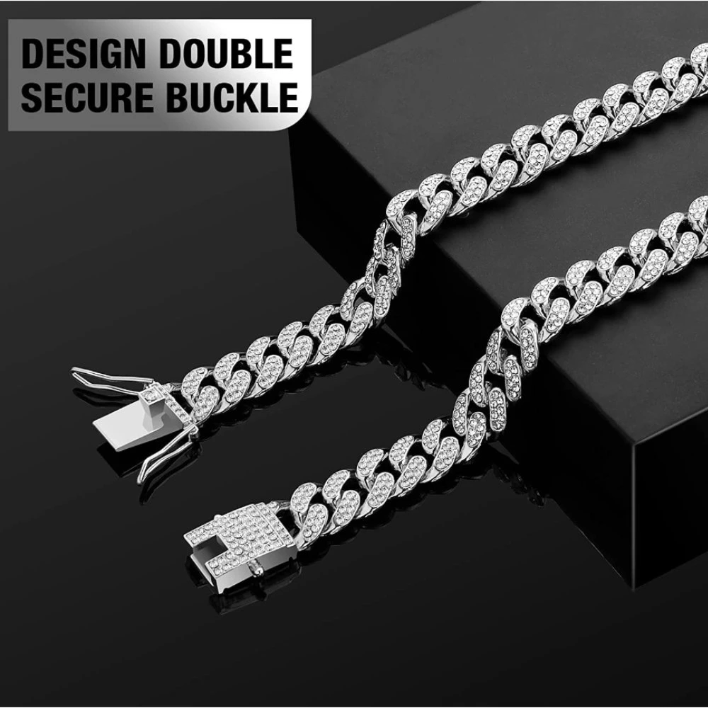 Silver Miami Cuban Link Chain Pet Cuban Crystal Collar Necklace Accessories