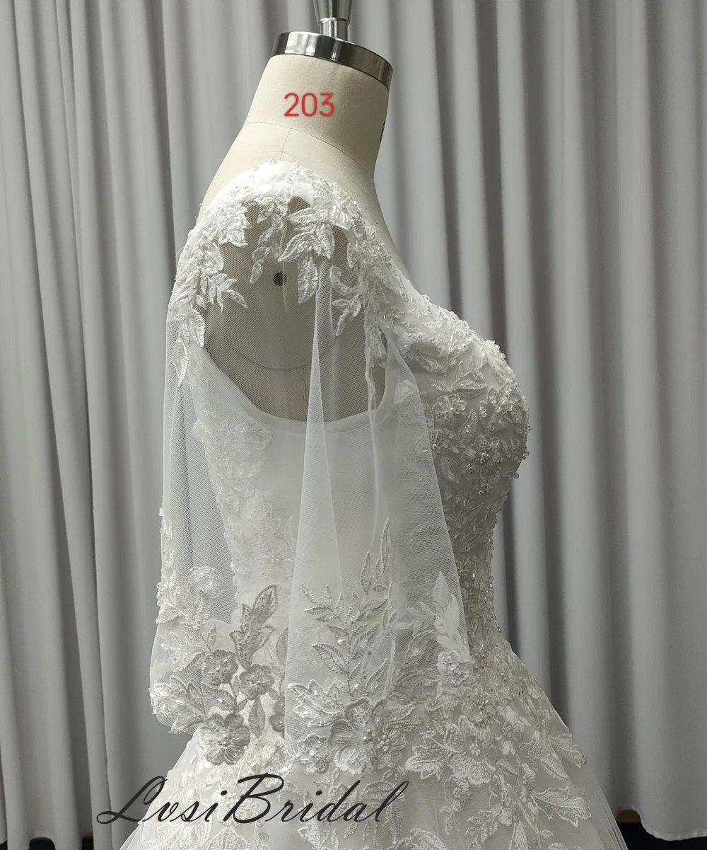 203 Nekline en V profond et mariage avec manches à motif feuilles de Lotus Robe de mariée ornée de dentelle et de perles très lourdes avec Robe de jupe à motif tulle et boules par usine