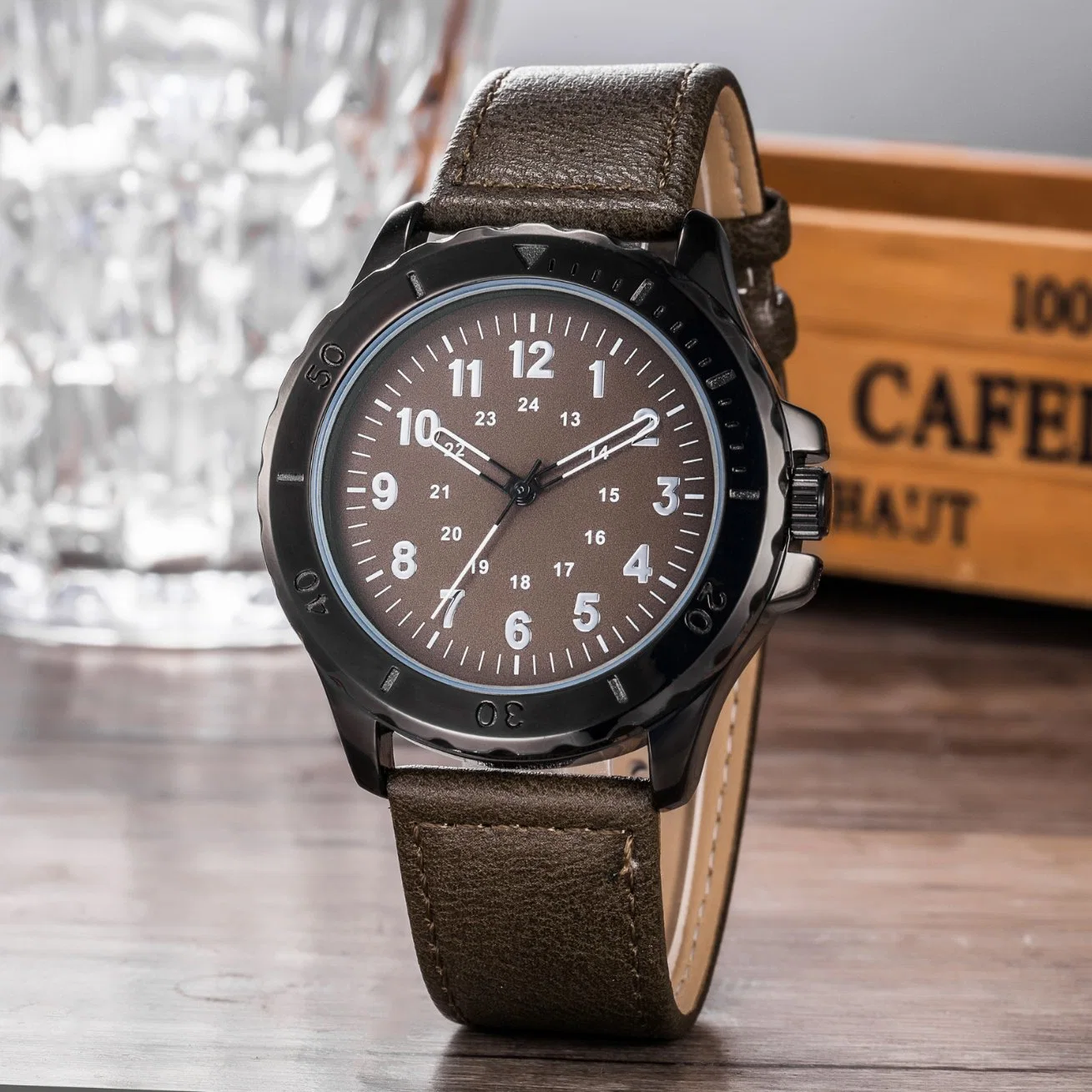 Fashion Leather Analog Clock Zone Men Sport Wrist Watch Wy-17015