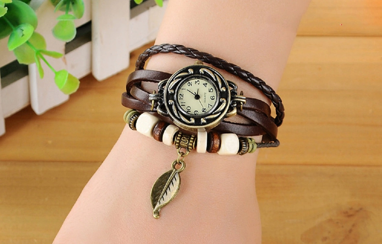 Womens Watches Vintage Wrap Around Bead Leaf Bracelet Quartz Analog Wrist Watch Braided Leather Band Fashion Bracelet Watch Esg13636