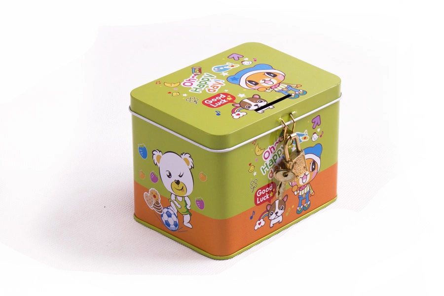 Rectangular Hinged Lid Gift Money Saving Tin Can Coins Bank Metal Box with Lock and Key for Kids Saft Tin Box