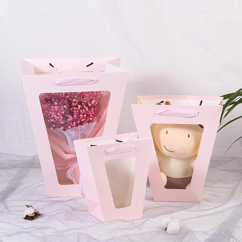 Transparent Window Rose Bouquet Flower Bag Paper Packaging/Flowers Doll Shopping Gift/Custom Logo Cheap Carry Paper Bag