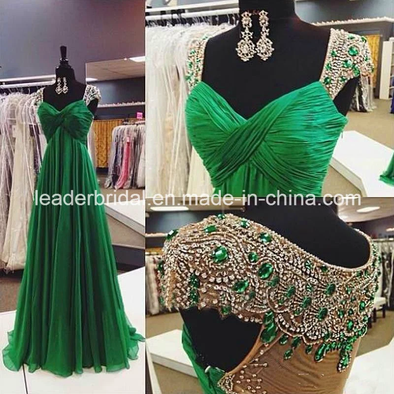 Crystal Stones Evening Dress Cap Sleeves Red Green Beads Party Prom Gown T20176