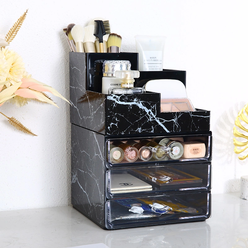 Medium Dresser Cosmetic Case Makeup Organizer Jewelry Boxes with Logo Square Black Marble Plastics Makeup Organizer