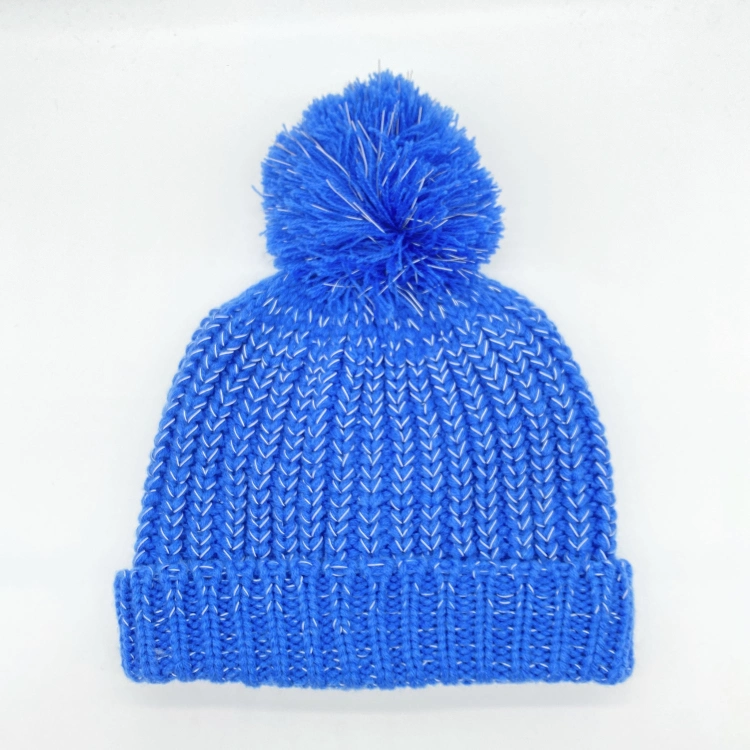 Fashion Adult Winter Warm Navy Reflective Yarn Fleece Lining Soft Knitted Beanie Hats with POM POM