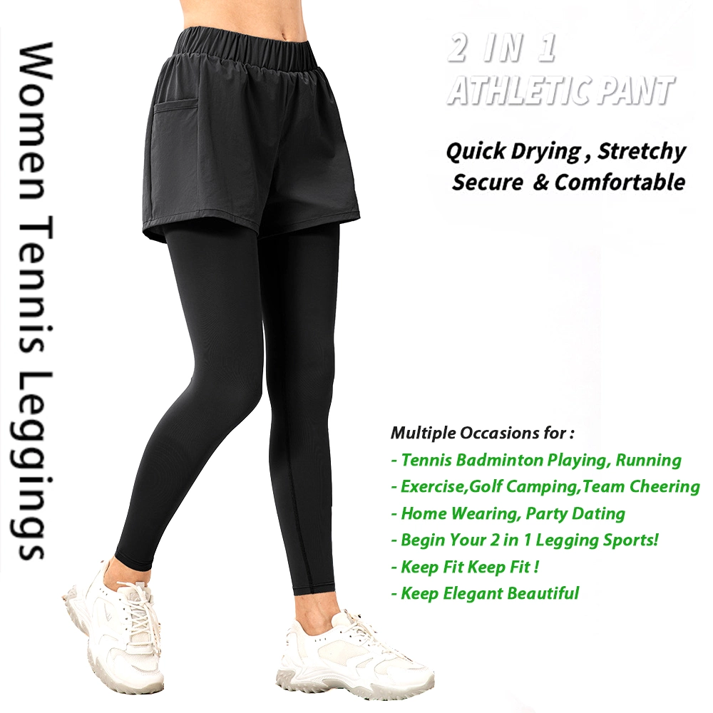 Women's 2 in 1 Tennis Leggings with Pockets Compression Athletic Biker Gym Sports Pants Elastic Waist Workout Tights Yoga Capris