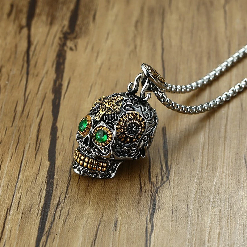 Titanium Steel Punk Style Ghost Head Pendant Men's Fashion Accessories Green Eyes Gold Skull Pendant