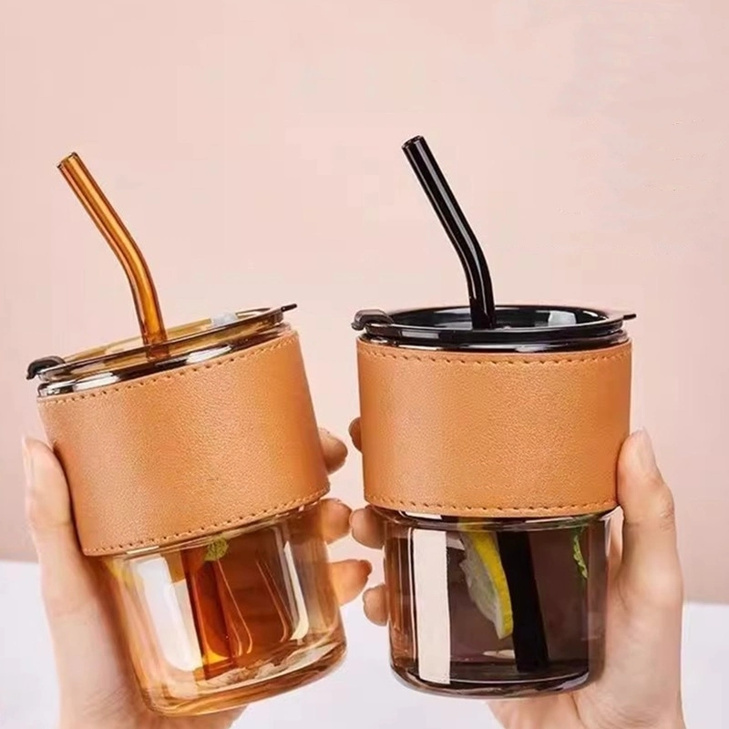 Custom Logo Glass Coffee Cup with Lid and Straw Coffee Mug