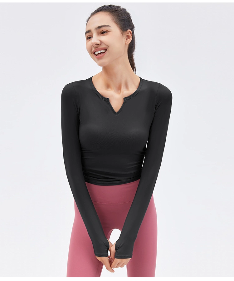 Blusa manga larga de la mujer el ejercicio de la compresión de Yoga Drawstring camiseta deportiva ropa deportiva