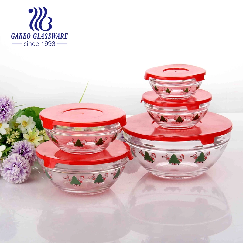 Classic 5 PCS Printing Glass Bowl with Lid Classic Dinner Set Fresh Bowls Lunch Box Set Table Glassware