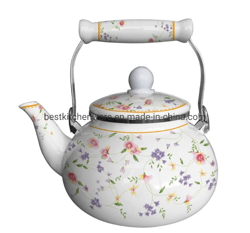 Durable Full Flower Decal Enamel Tea Kettle with Wooden Handle 2.5L