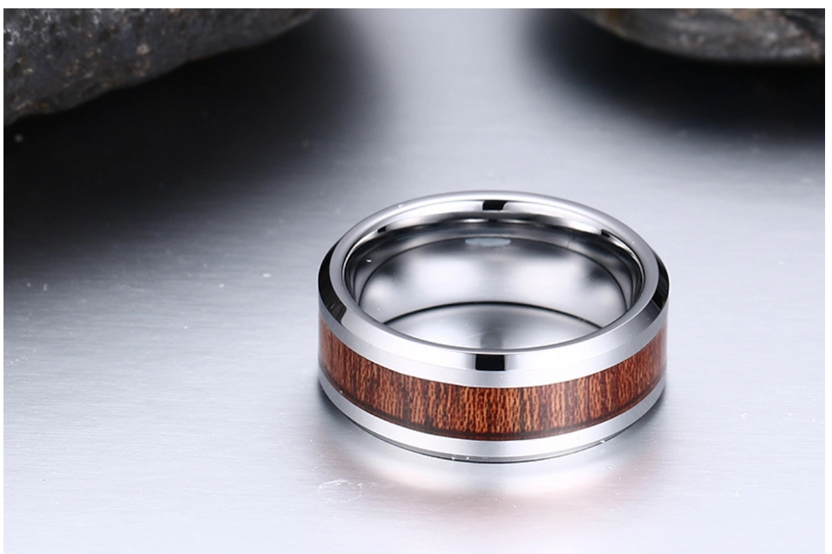 Fashion Tungsten Gold Jewelry Wood Stripe Sticker Tungsten Steel Ring Simple Fashion Jewelry