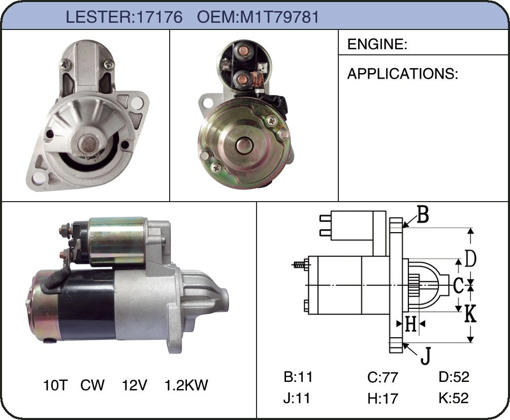 El Motor de arranque M1T79781 se adapta a Cat Clark Carretilla elevadora Mitsubishi