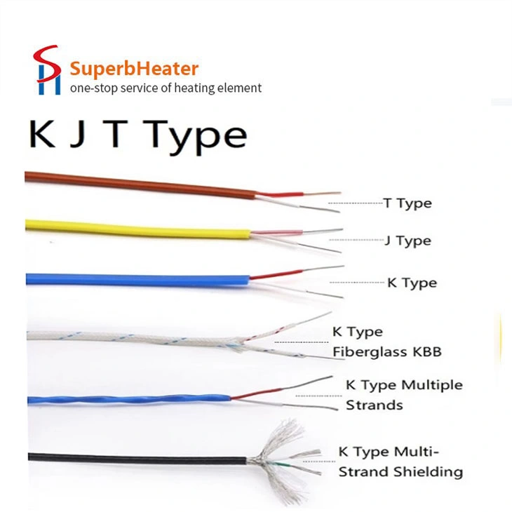 Cable de termopar tipo T K J 2cores aislante PTFE blindado Cable de compensación de línea de medición de alta temperatura de fibra de vidrio de línea