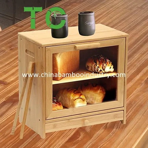 Wholesale/Supplier Bamboo Bread Box with Sliding Cutting Drawer Bread Bin with Front Window, Adjustable 2 Layer Food Storage Bin with Removable Layer