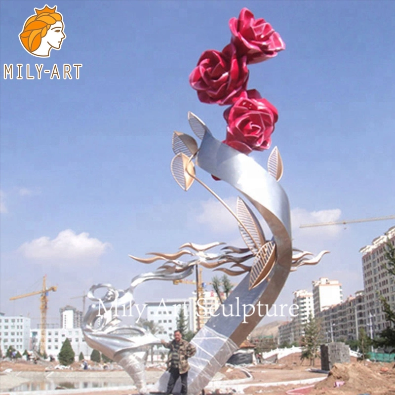 Garden Street Large Metal Stainless Steel Colorful Red Rose Sculpture for Decoration