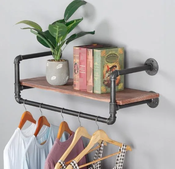 Industrial Style Wall-Mounted Clothes Rack with Shelves Used for Living Room Bathroom