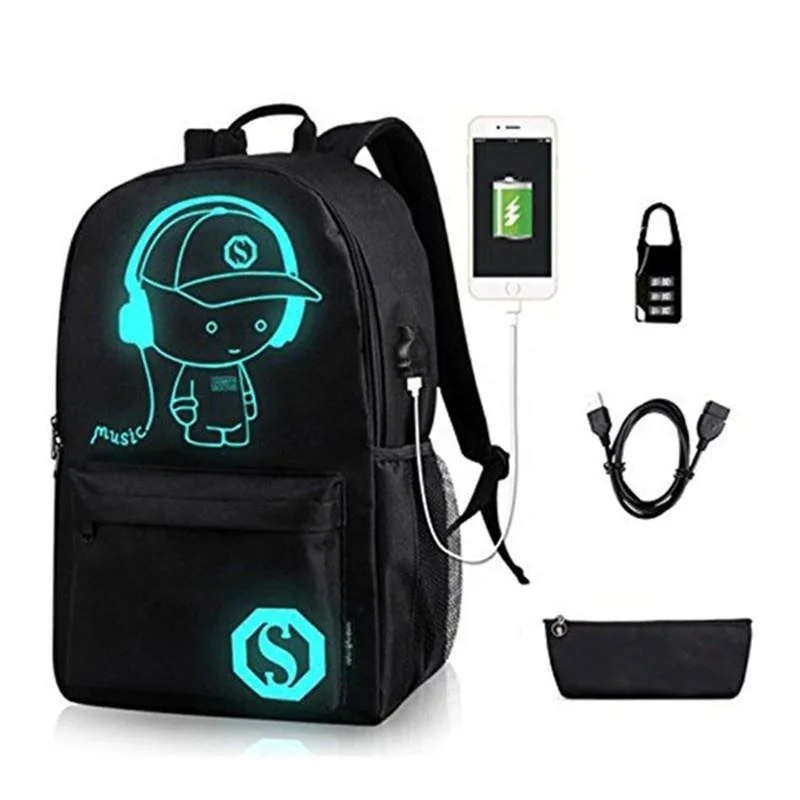 Nova mochila à prova de água Luminous Anti Theft School com USB Porta de carregamento e bloqueio