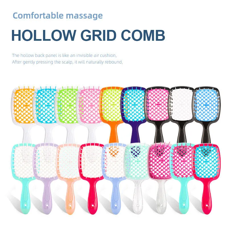 Custom Colorful Massage Hair Comb Hairdressing Hollow Grid Comb Wide Teeth Detangling Hair Brush Curly Hair Brush Unbrush