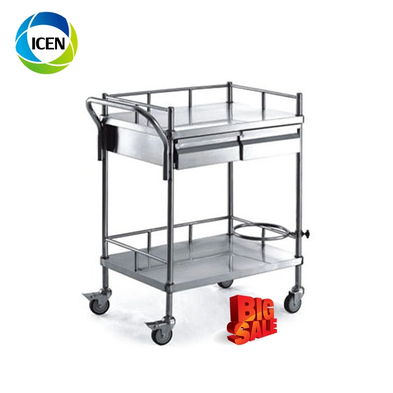 in-677 Stainless Steel Clinical Hospital Dressing Instrument Cart Trolley with 2 Drawer