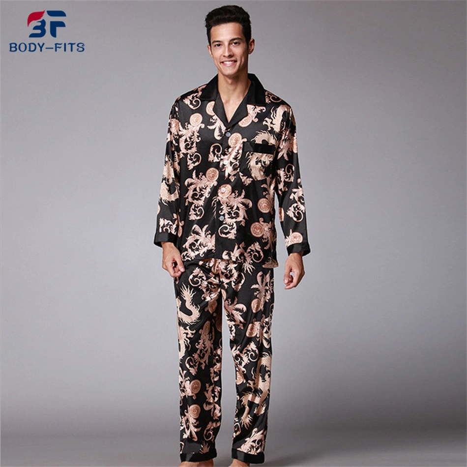 Custom Sleepwear Men&prime; S Print Button Down Long Sleeve Satin Silk Pajama Sets