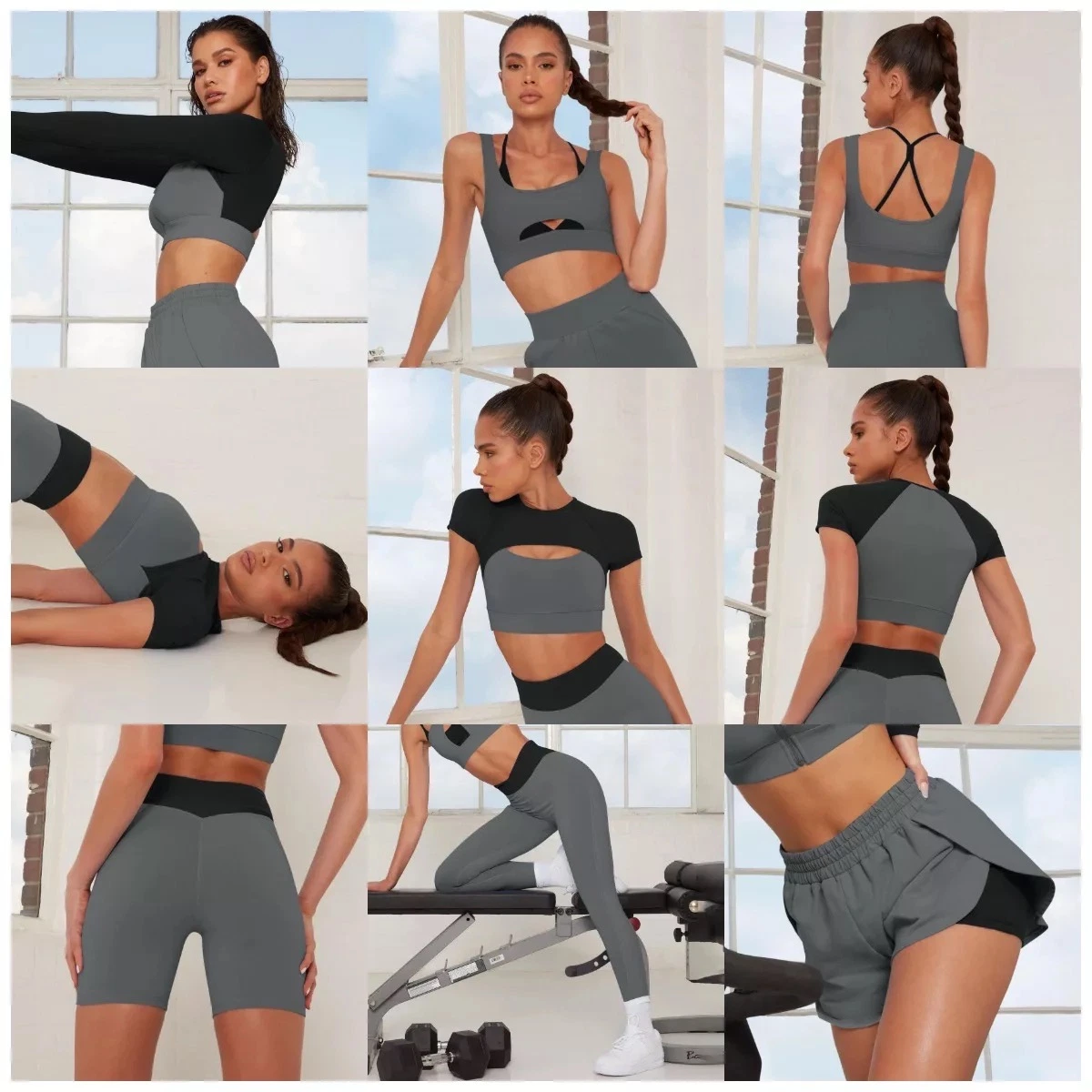 Nuevo espacio europeo y americano hueco de la moda de ropa de Yoga ropa para mujeres, atractivos colores personalizados doble Patchwork Activewear 7pcs Casual Fitness Conjunto de prendas de vestir