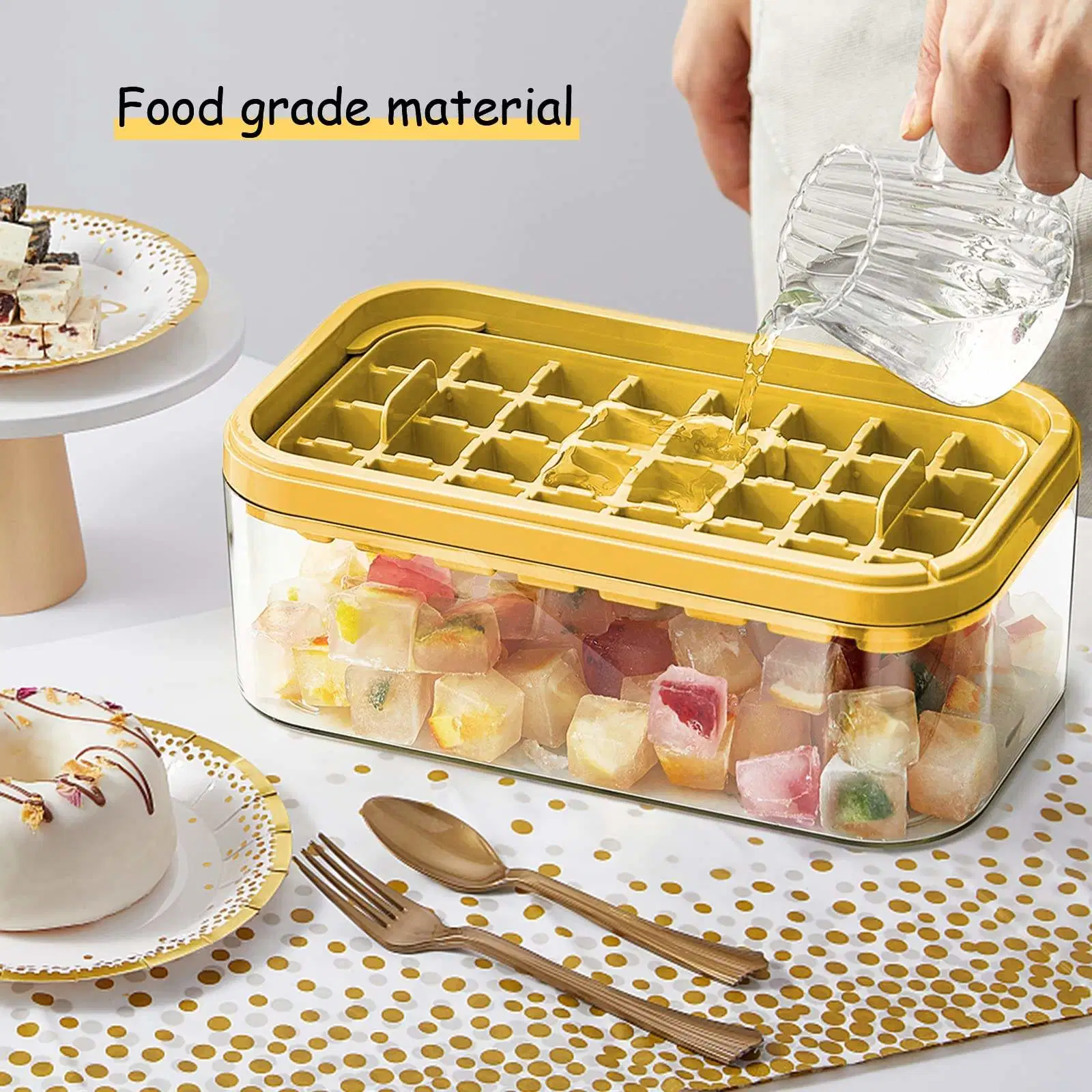 Lid and Bin Square Ice Cubes Molds Storage Box Ice Maker Trays